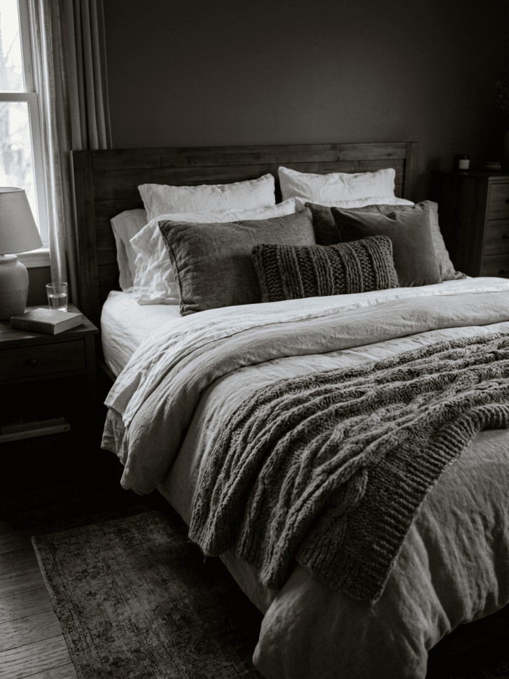 layered bedding with textured throw blanket